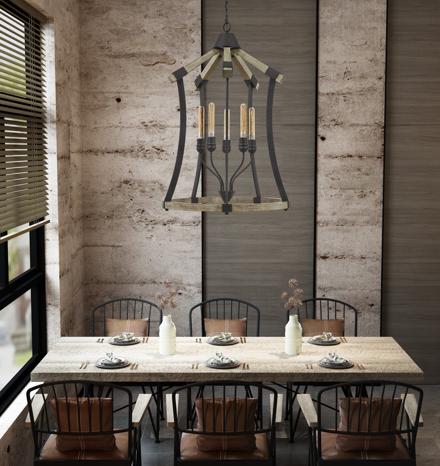 Dali 60W X 5 Metal/Pine Wood Chandelier (Edison Bulbs Not Included)