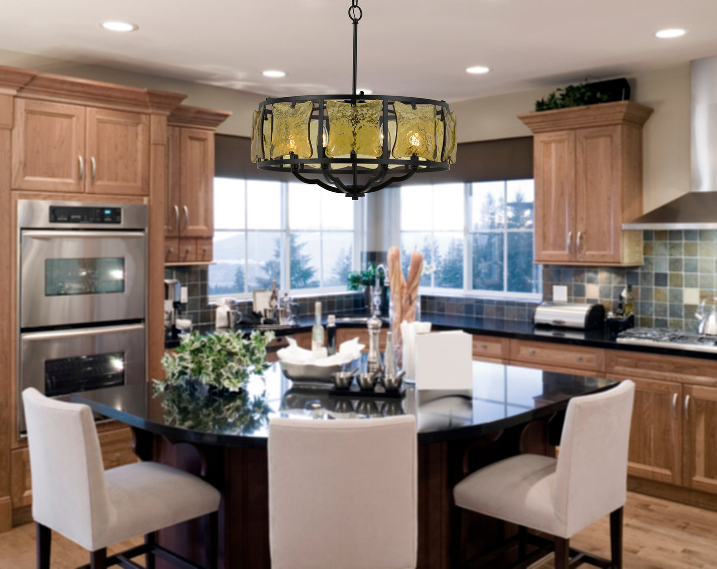 60W X 6 Revenna Forged Iron Chandelier With Hand Crafted Glass