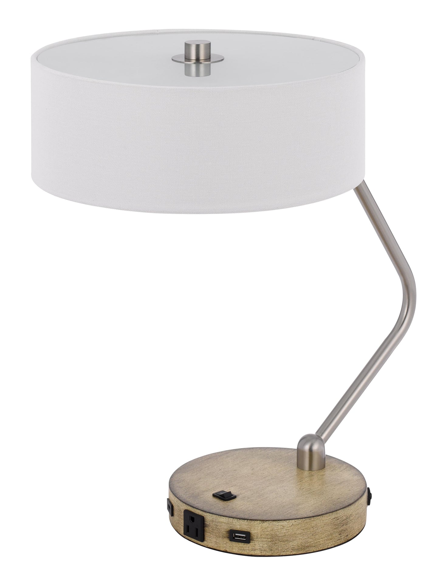 60W X 2 Marcos Metal Desk Lamp With Drum Fabric Shade And 1 Usb And 1 Type C Usb Charging Port With Rubber Wood Base