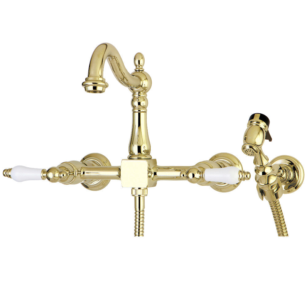 Heritage Wall Mount Kitchen Faucet in Polished Brass