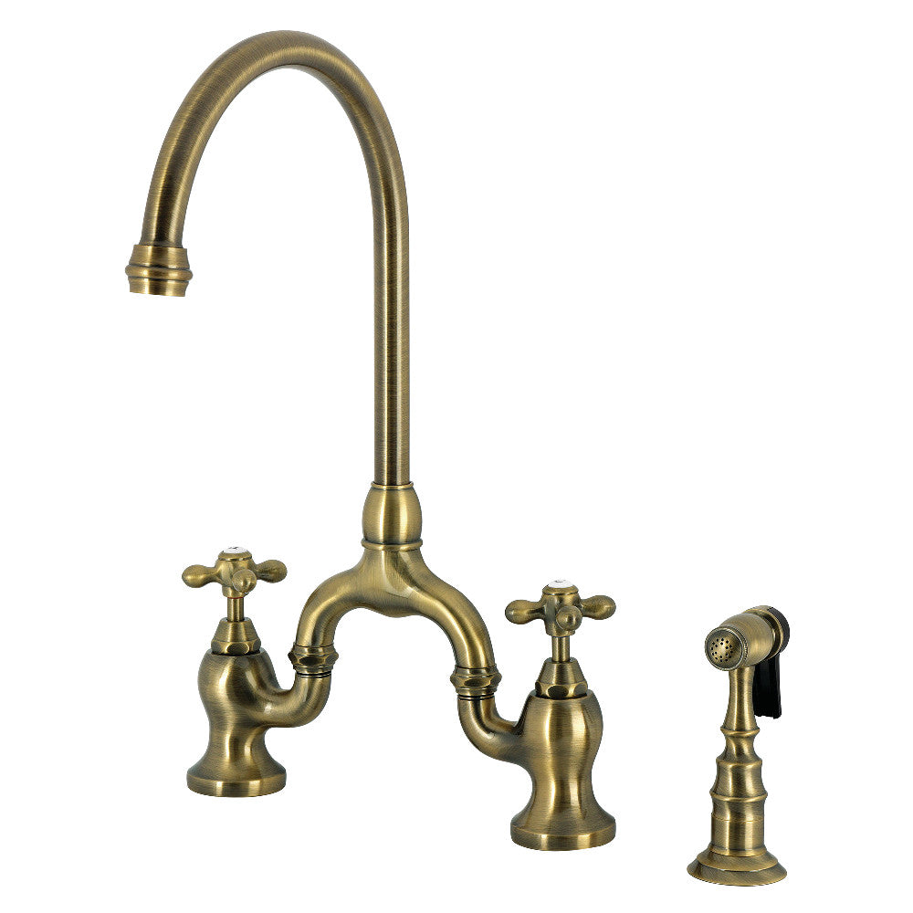 English Country Bridge Kitchen Faucet in Antique Brass
