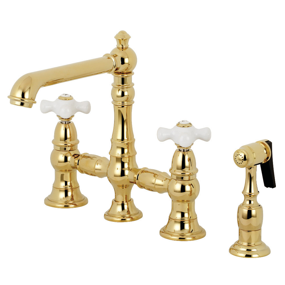 English Country Bridge Kitchen Faucet in Polished Brass