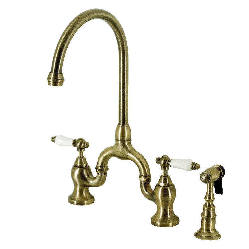 English Country Bridge Kitchen Faucet in Antique Brass