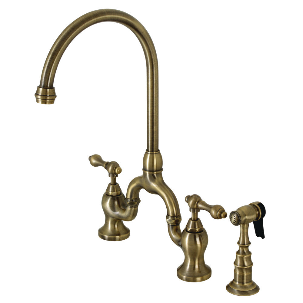 English Country Bridge Kitchen Faucet in Antique Brass