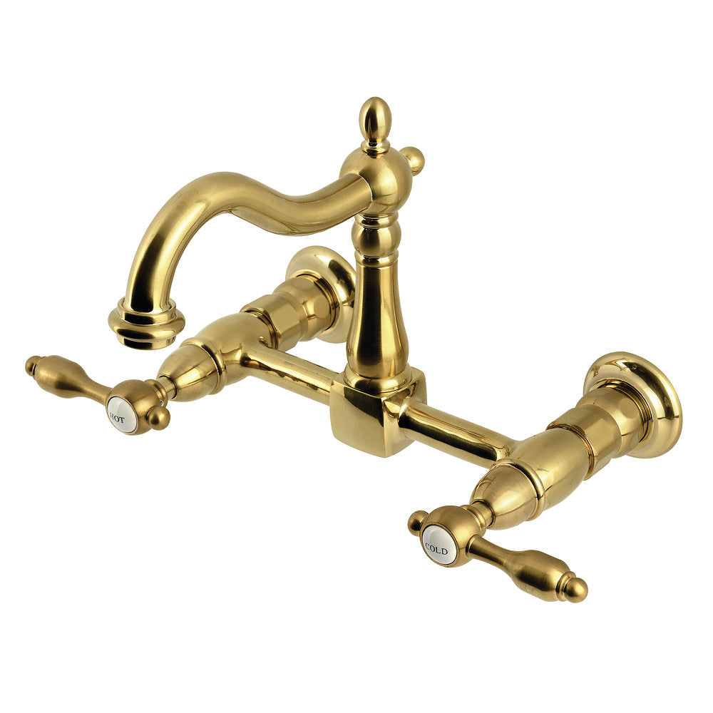 Tudor Wall Mount Kitchen Faucet in Brushed Brass