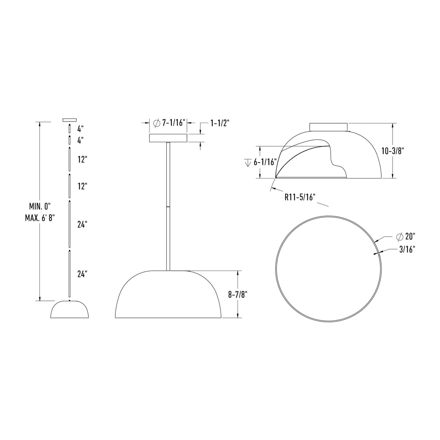 20in 2-1 Pendant and Flush mount, Universal driver - Black
