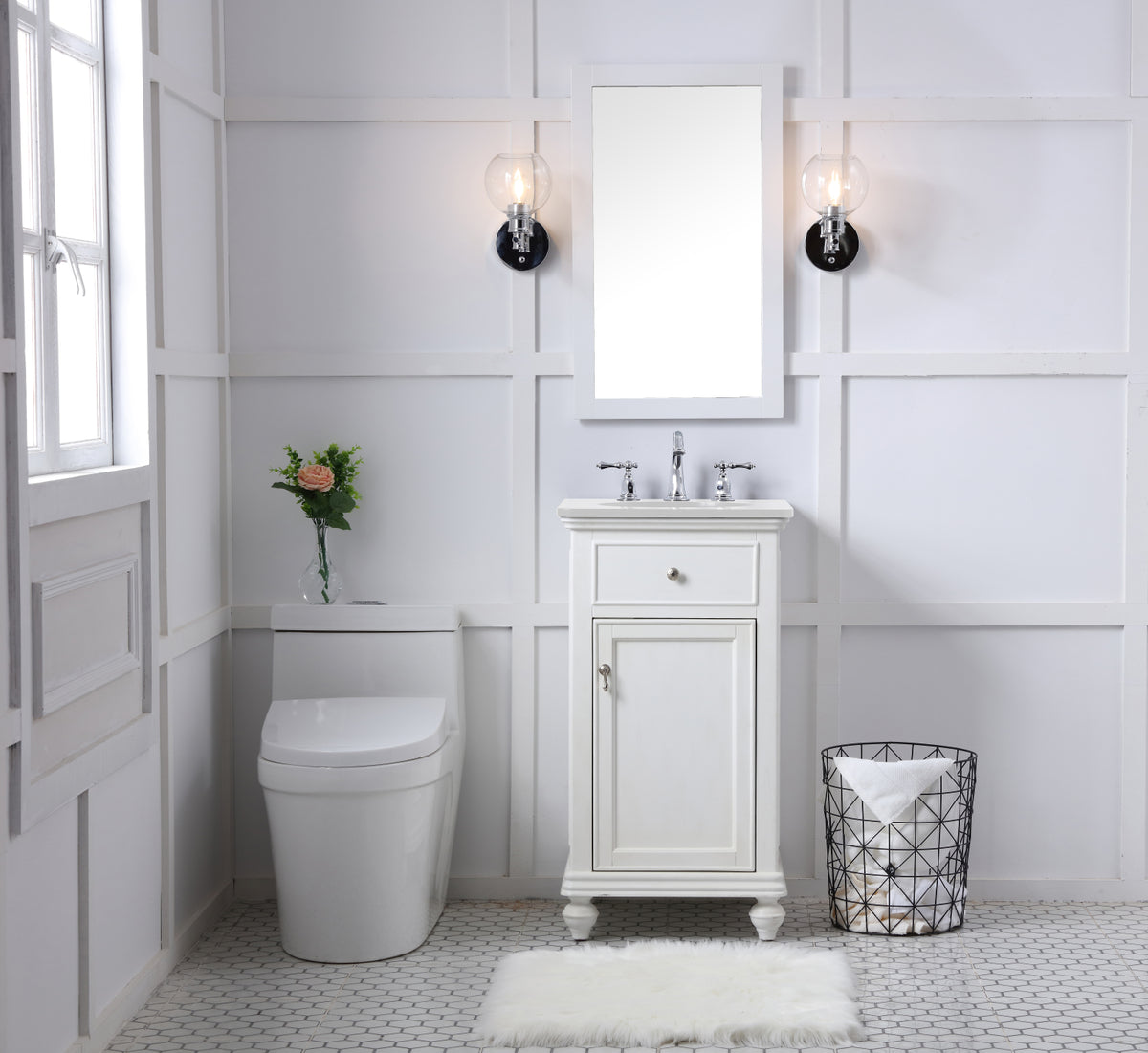 19 inch Single Bathroom vanity in antique white with ivory white engineered marble