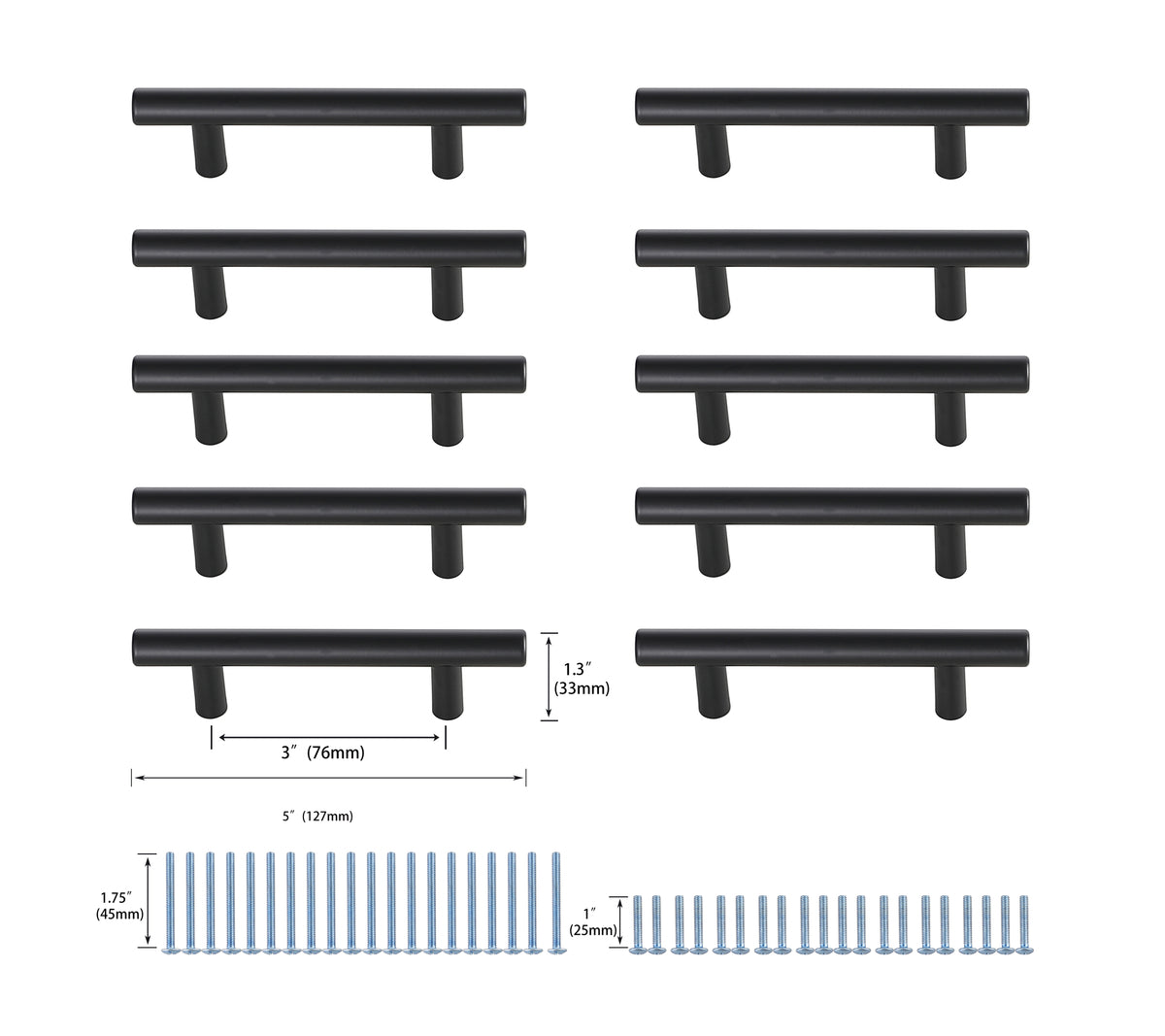 Quinn 3" Center to Center Matte Black Bar Pull Multipack (set of 10)