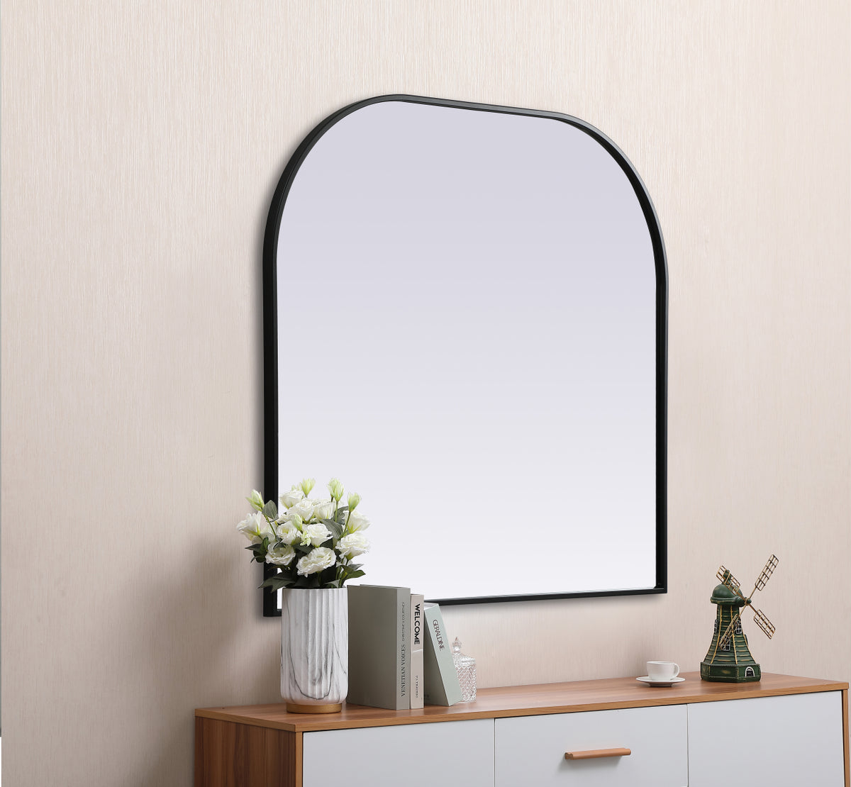 Metal Frame Arch Mirror 36x34 Inch in Black