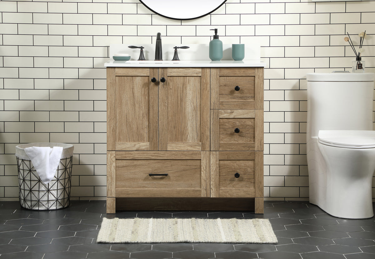 36 inch Single bathroom vanity in natural oak with backsplash