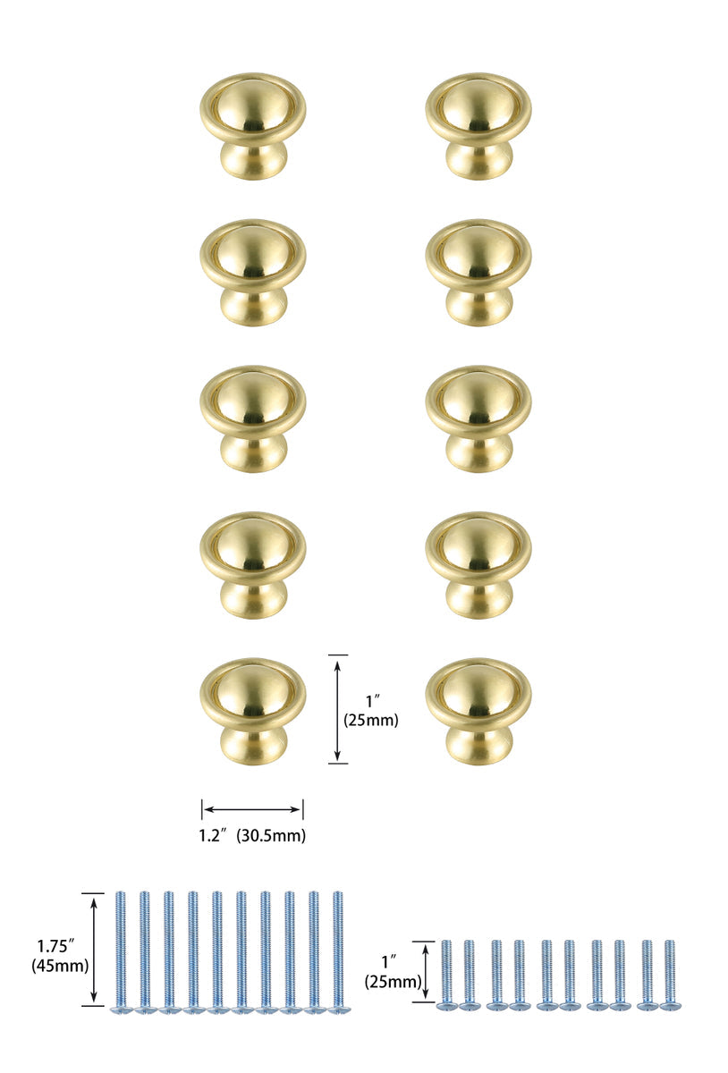 Kadea 1.2" Diameter Brushed Gold Mushroom Knob Multipack (Set of 10)