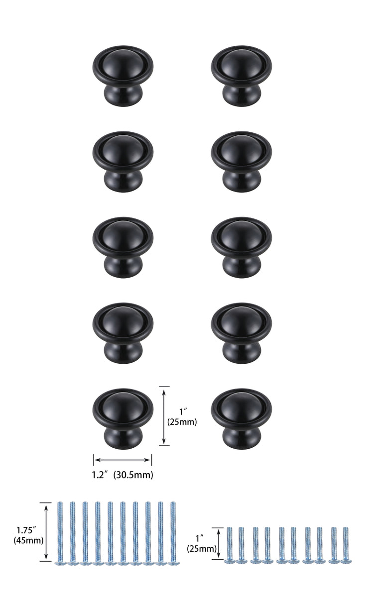 Kadea 1.2" Diameter Matte Black Mushroom Knob Multipack (Set of 10)