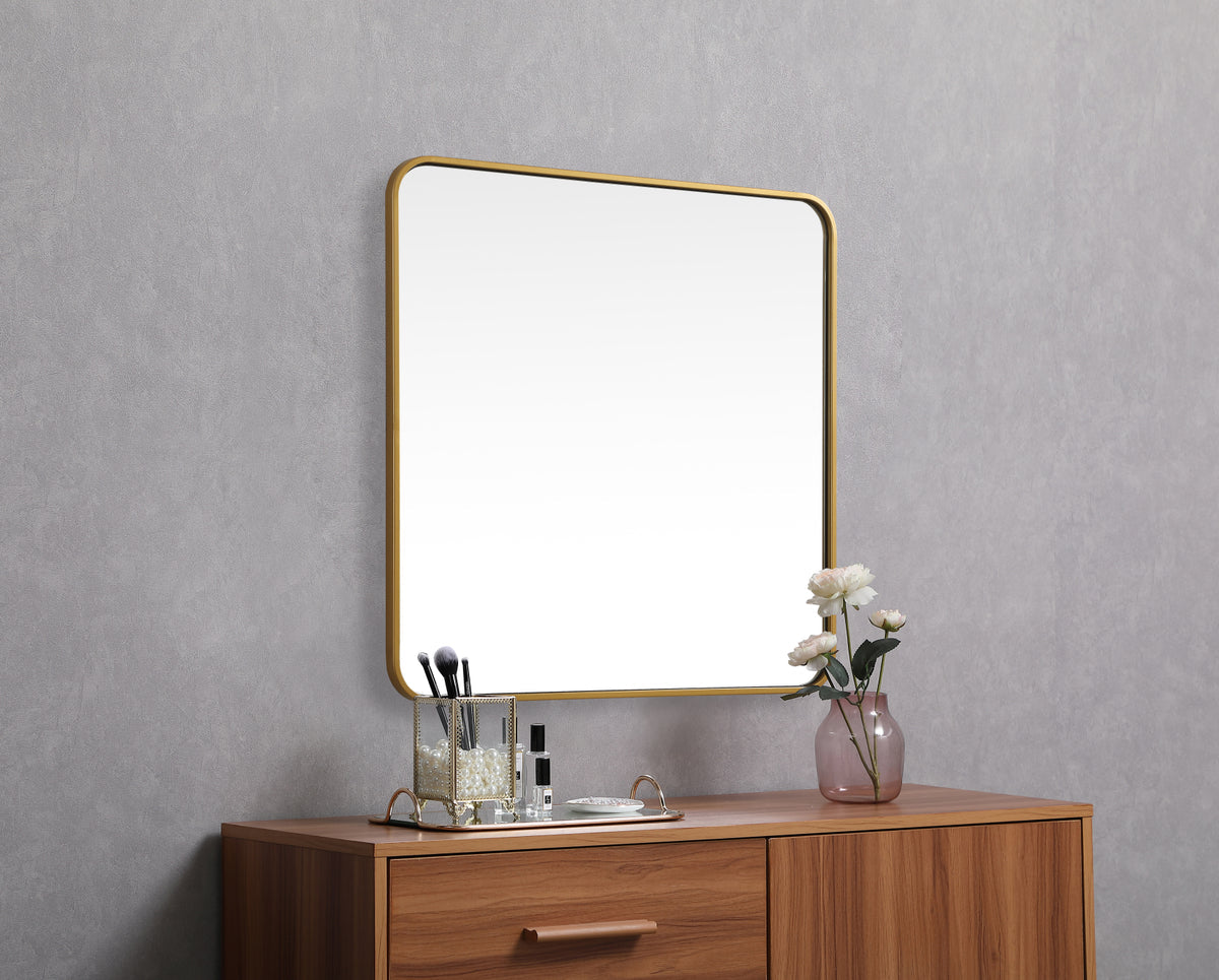 Soft corner metal square mirror 30x30 inch in Brass
