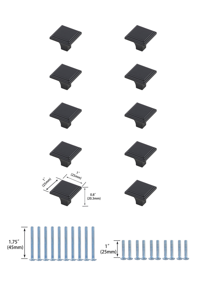 Wilow 1" Matte Black Square Knob Multipack (Set of 10)