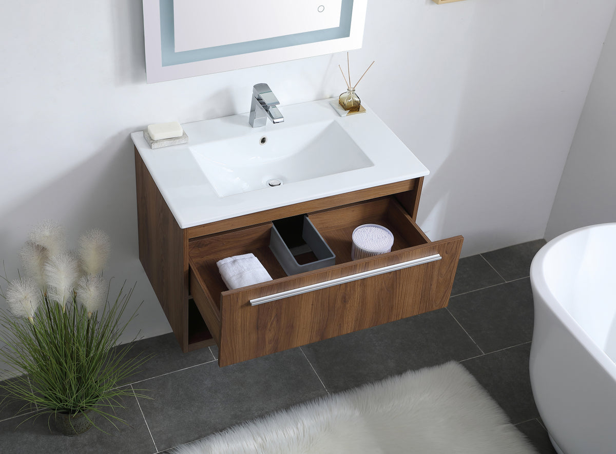 30 inch Single Bathroom Floating Vanity in Walnut Brown