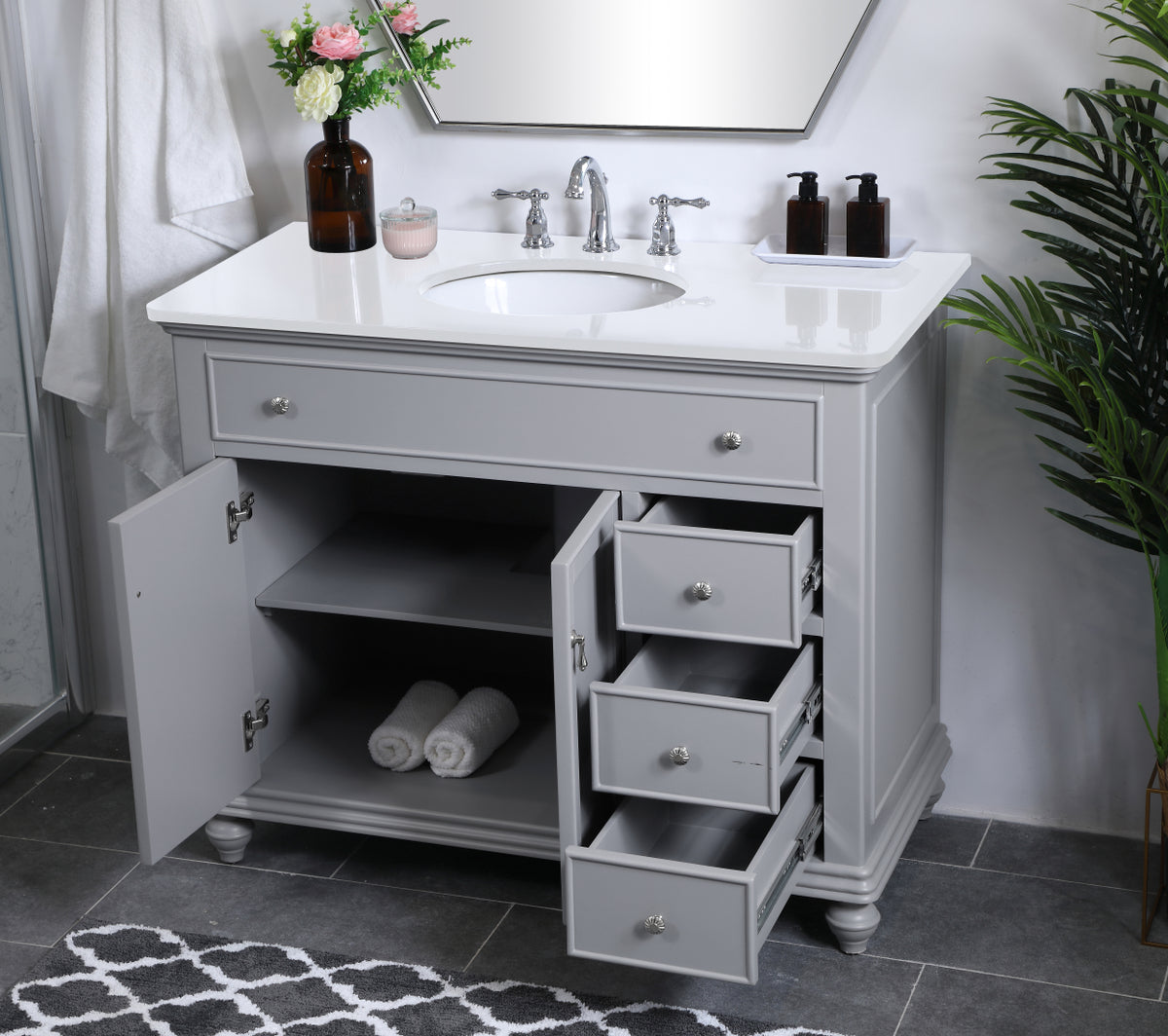 42 inch Single Bathroom vanity in light grey with ivory white engineered marble