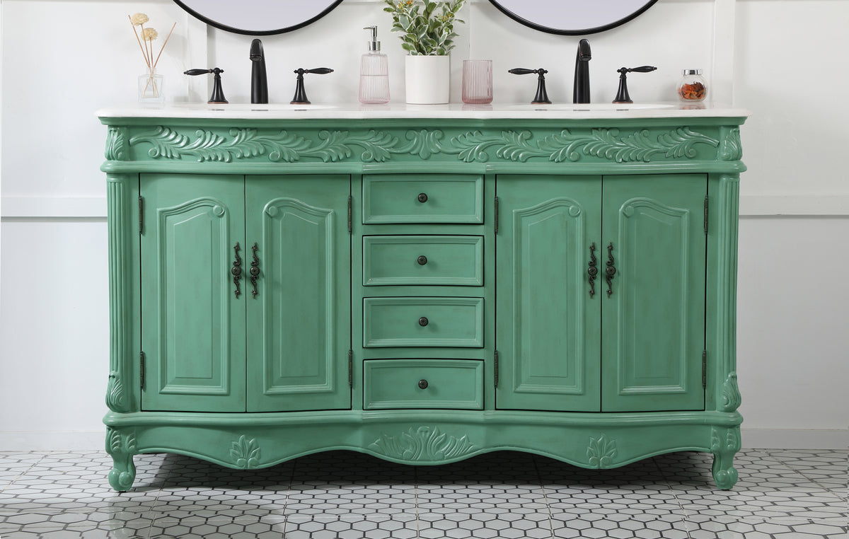 60 inch double Bathroom vanity in vintage mint with ivory white engineered marble
