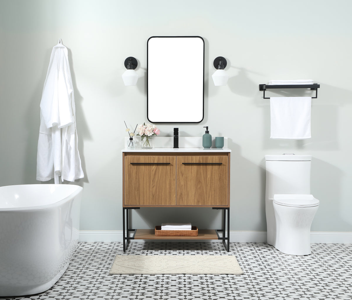 36 inch Single bathroom vanity in walnut brown with backsplash