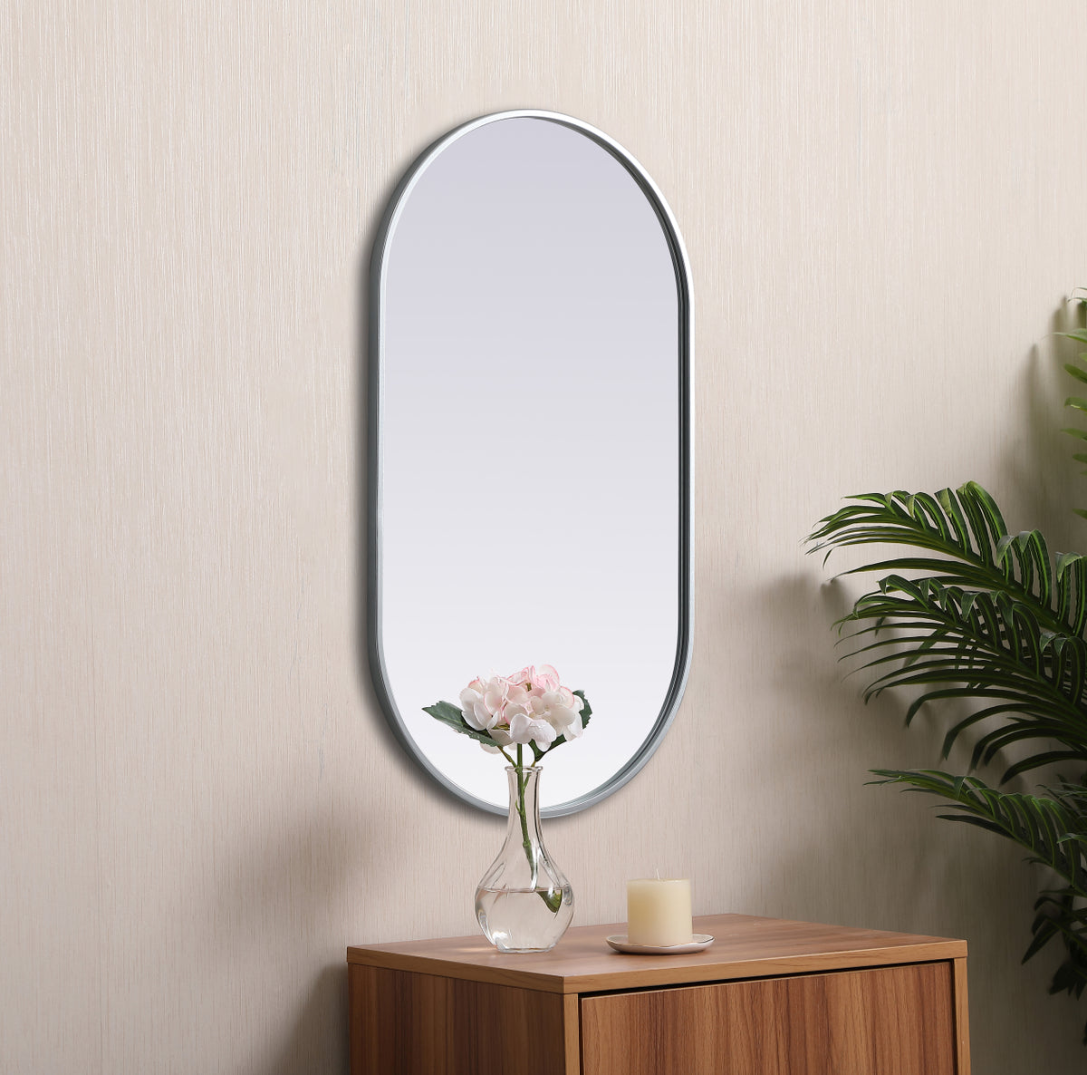 Metal Frame Oval Mirror 20x36 Inch in Silver