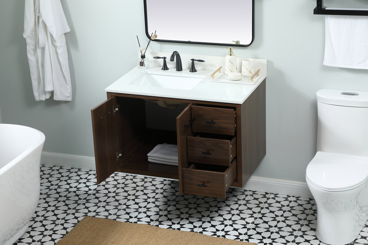 36 inch Single bathroom vanity in walnut with backsplash