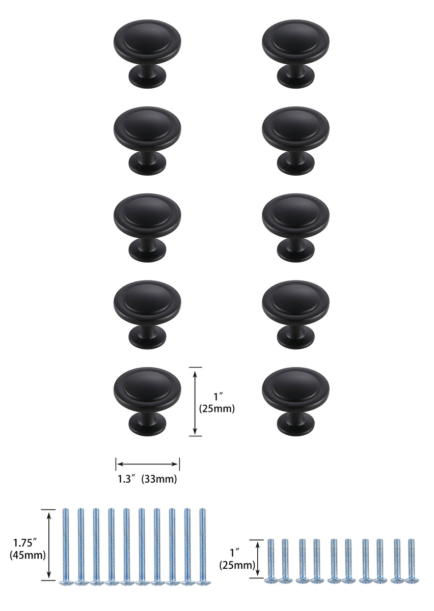 Logyn 1.3" Diameter Matte Black Mushroom Knob Multipack (Set of 10)