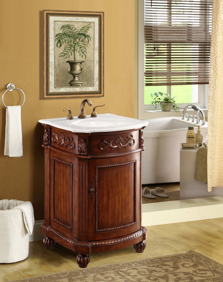 24 inch Single Bathroom vanity in Brown with ivory white engineered marble