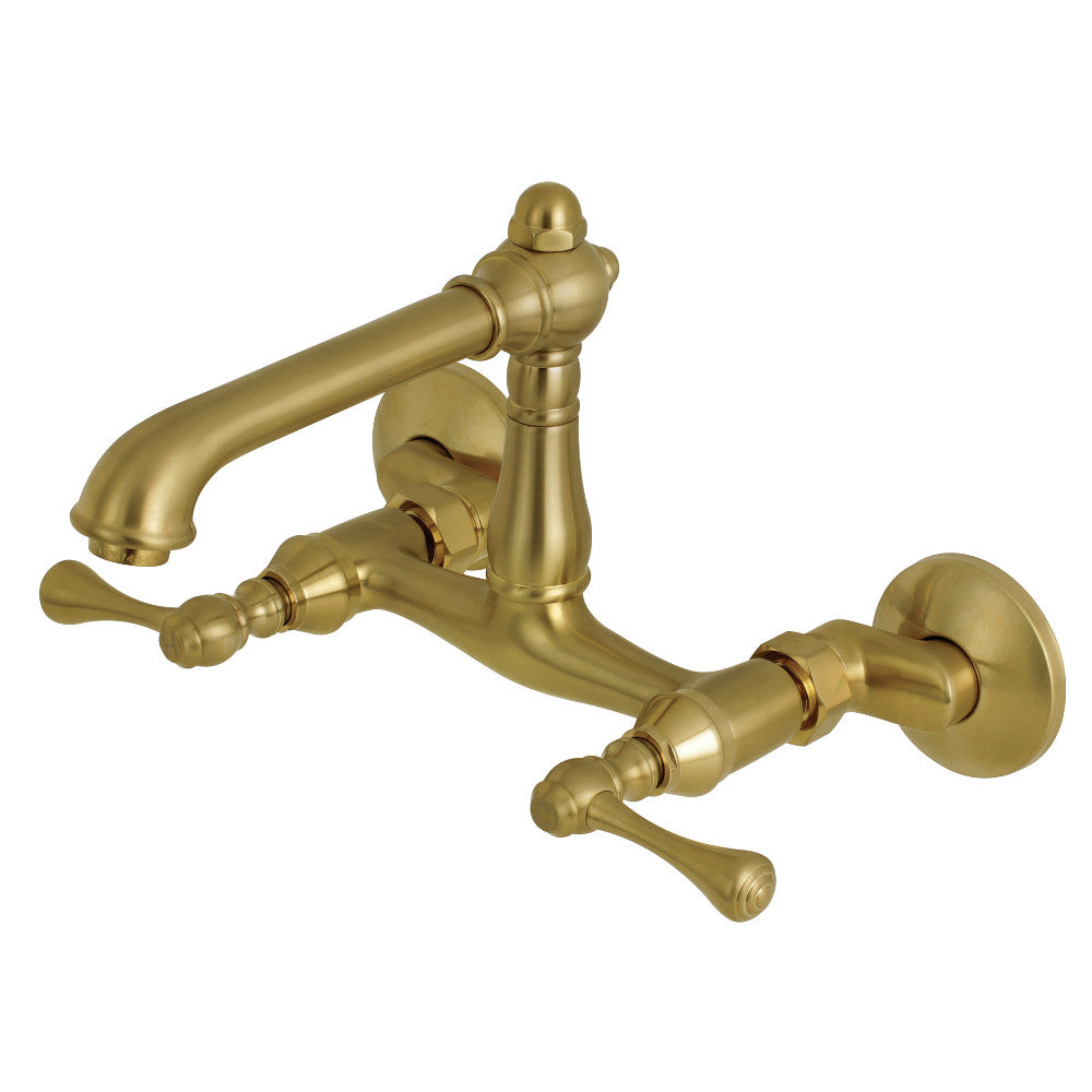 English Country Wall Mount Kitchen Faucet in Brushed Brass