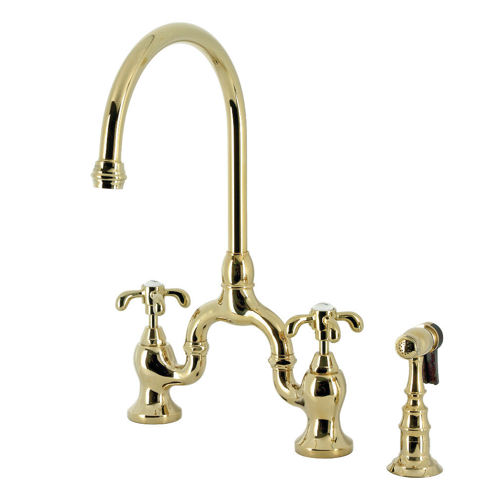 French Country Bridge Kitchen Faucet in Polished Brass
