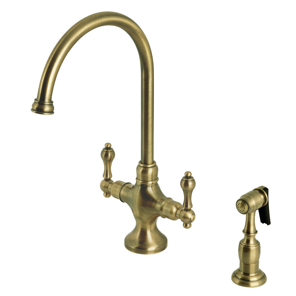 Vintage Two Handle Single-Hole Kitchen Faucet in Antique Brass
