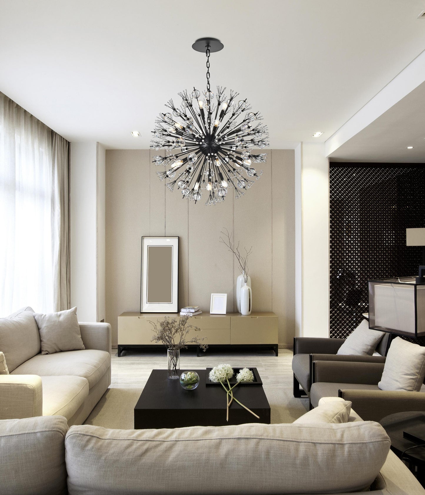 Vera 32 inch crystal starburst round pendant in black