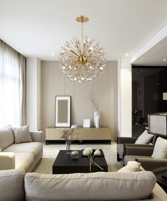 Vera 32 inch crystal starburst round pendant in gold