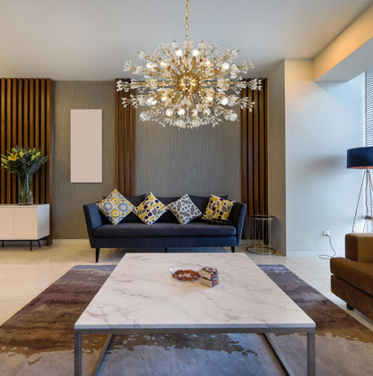 Vera 36 inch crystal starburst oval pendant in gold