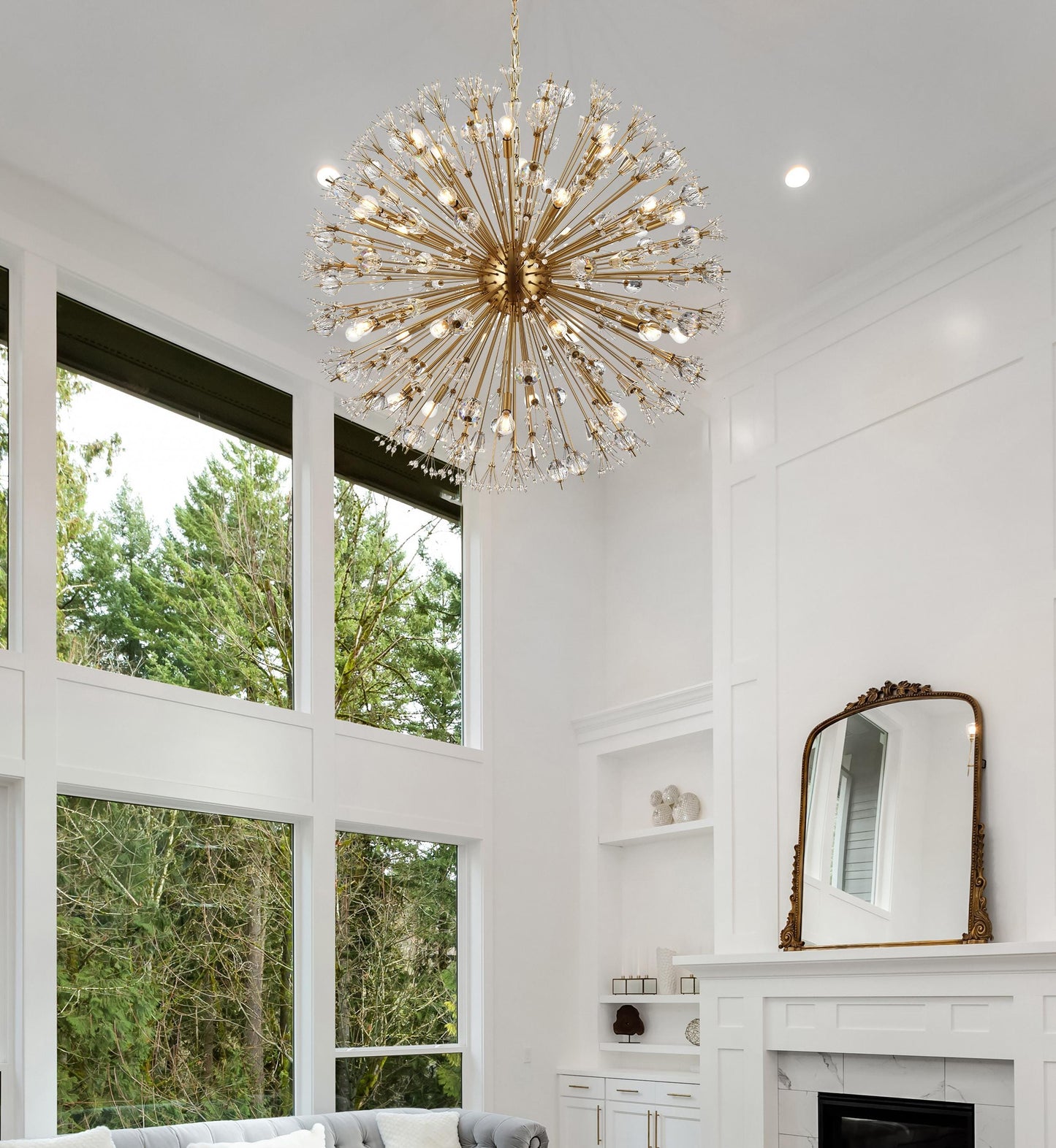 Vera 44 inch crystal starburst round pendant in gold