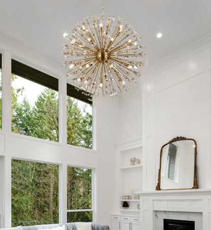 Vera 44 inch crystal starburst round pendant in gold