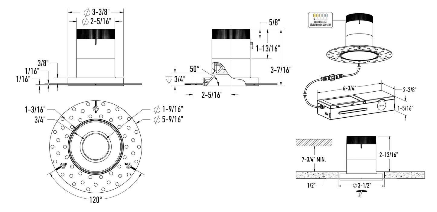 3in Modular Downlight, 5CCT, 20 degree Beam Angle, Regressed, Black,Trimless