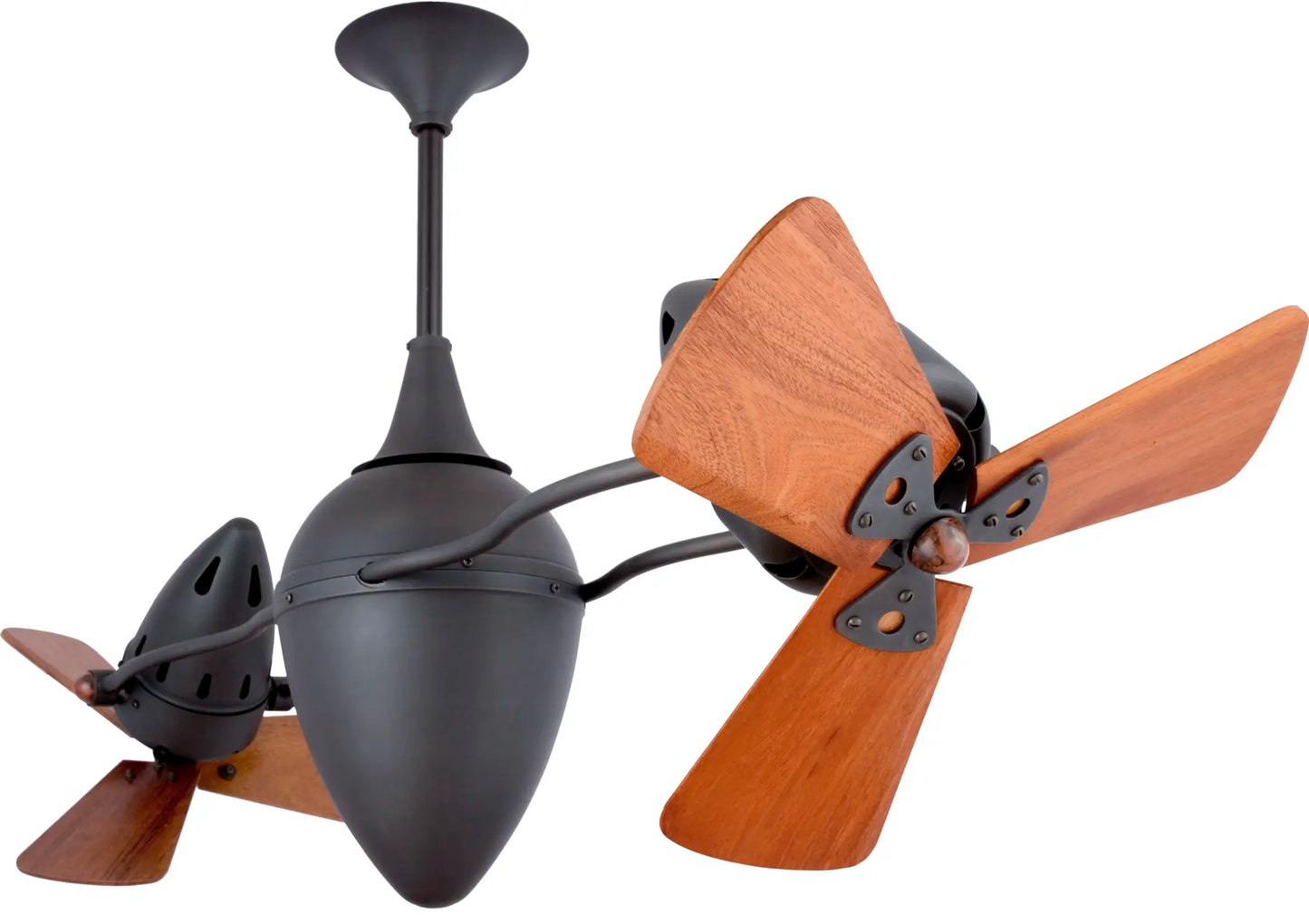 Ar Ruthiane series 360° dual headed fan with Mahogany Blades.  Multiple finishes available