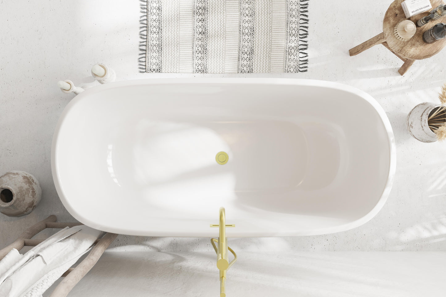 59 inch Soaking Bathtub in Glossy White with Brushed Gold Trim