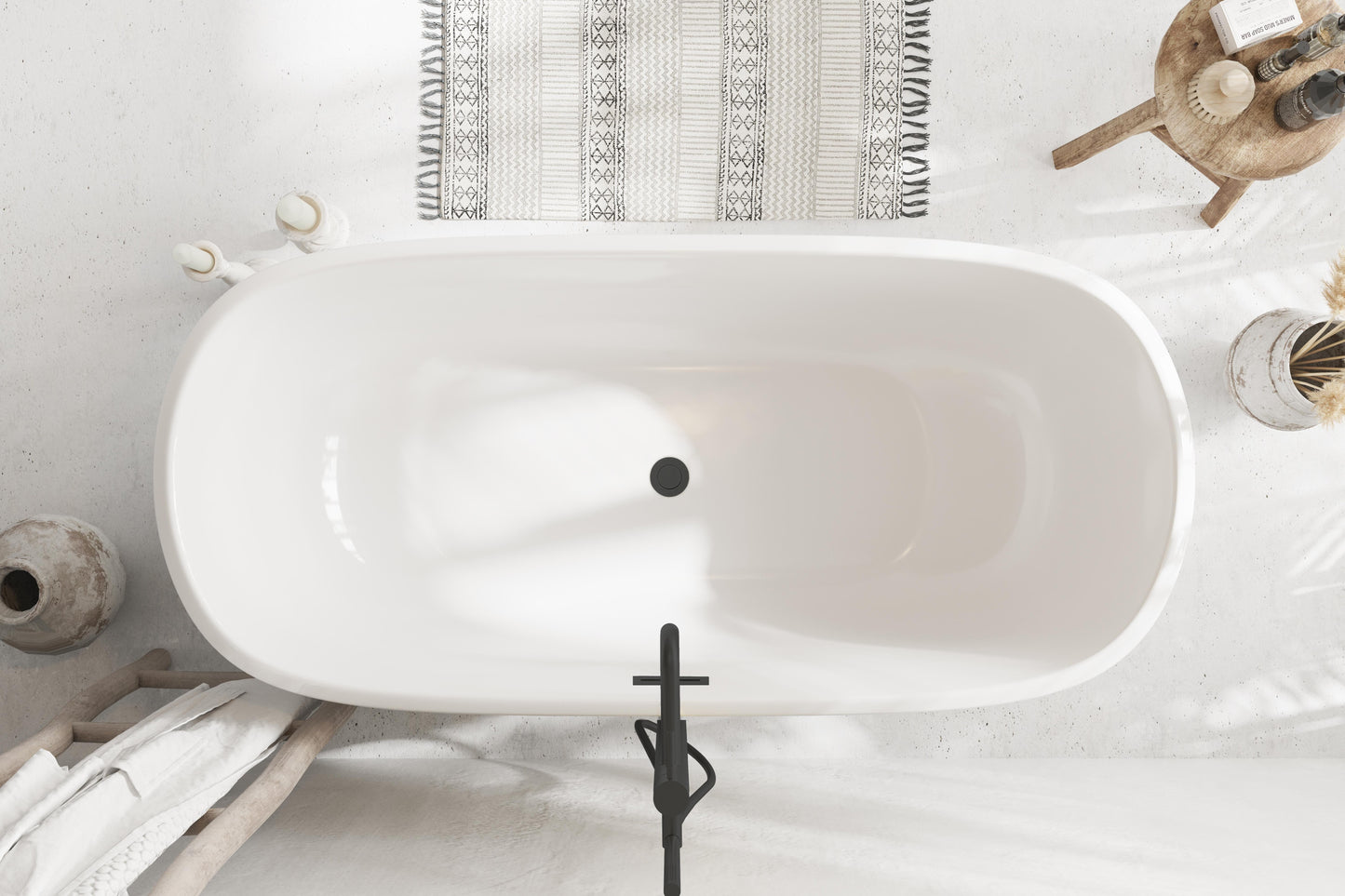 59 inch Soaking Bathtub in Glossy White with Matte Black Trim