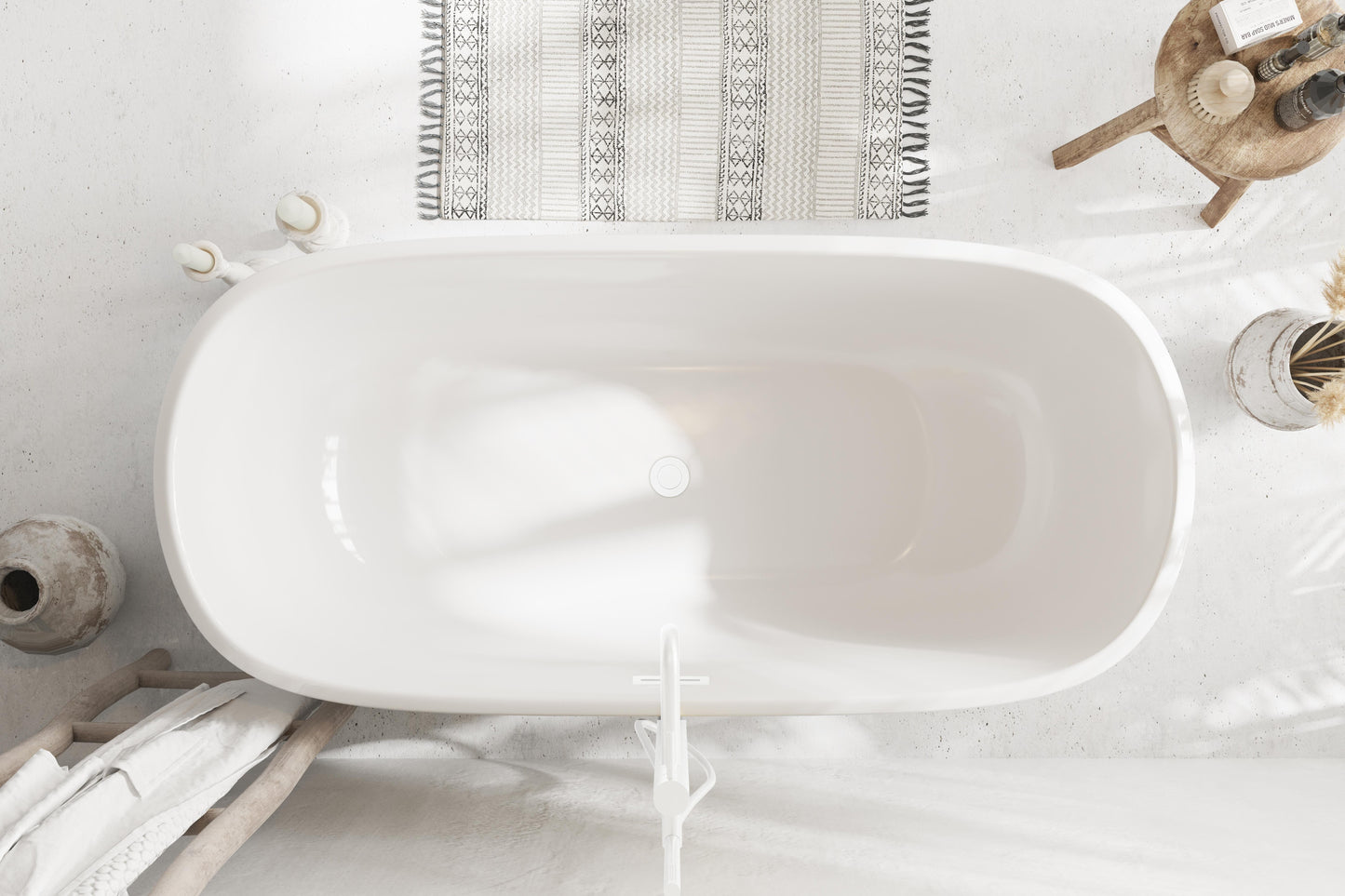 59 inch Soaking Bathtub in Glossy White with Polished White Trim