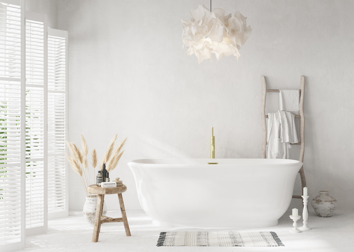 67 inch Soaking Bathtub in Glossy White with Brushed Gold Trim