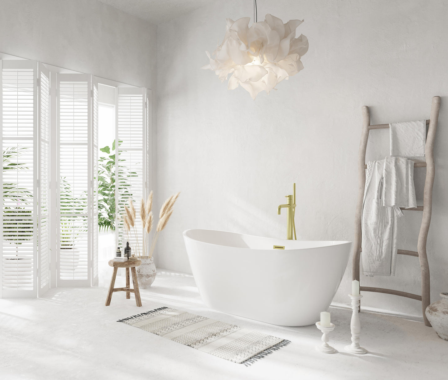 59 inch Soaking Bathtub in Glossy White with Brushed Gold Trim