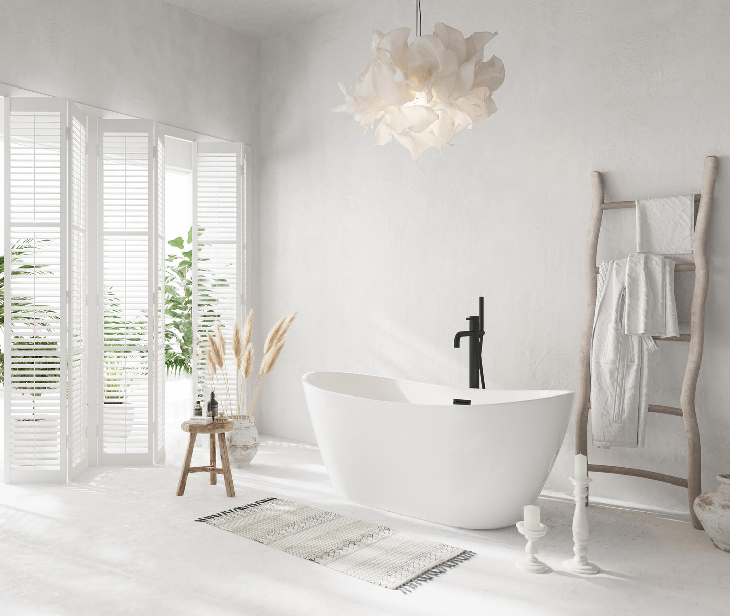 59 inch Soaking Bathtub in Glossy White with Matte Black Trim