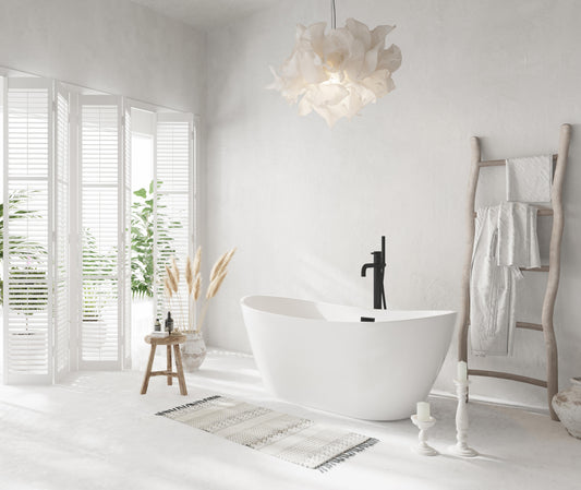 59 inch Soaking Bathtub in Glossy White with Matte Black Trim