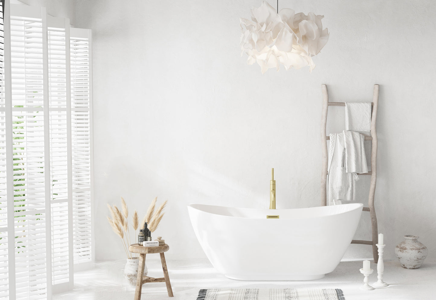 62 inch Soaking Bathtub in Glossy White with Brushed Gold Trim