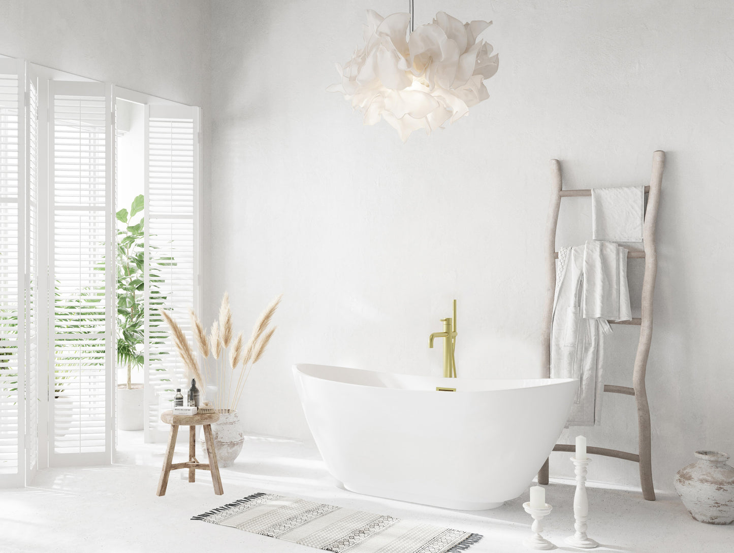 62 inch Soaking Bathtub in Glossy White with Brushed Gold Trim