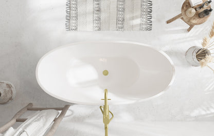 62 inch Soaking Bathtub in Glossy White with Brushed Gold Trim