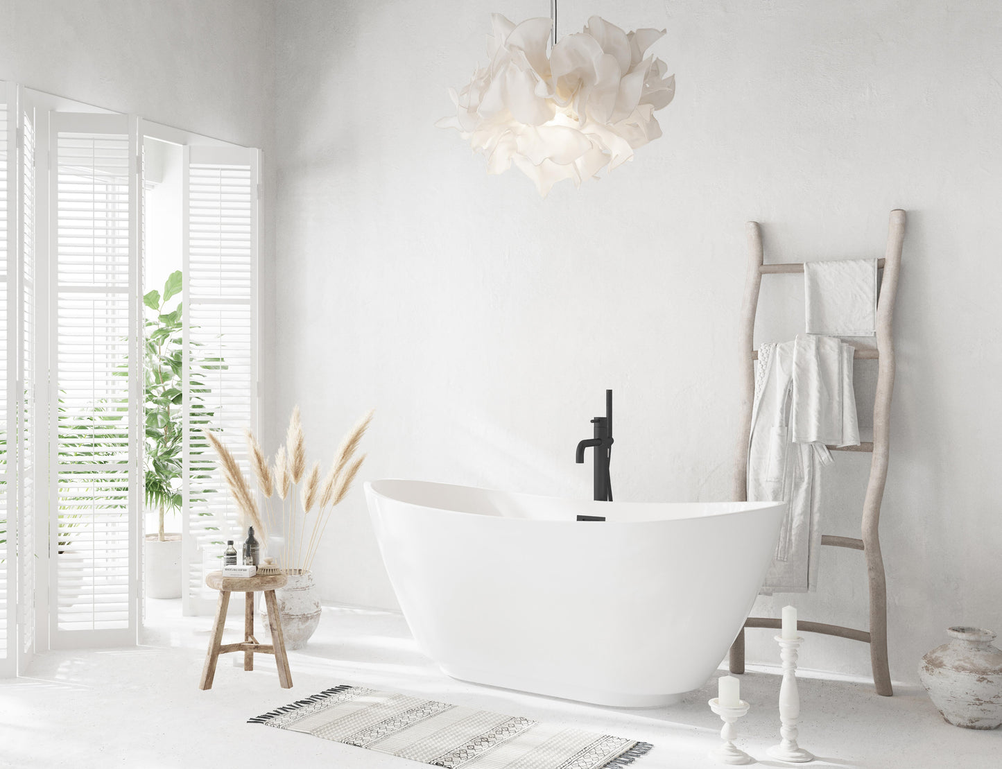 67 inch Soaking Bathtub in Glossy White with Matte Black Trim