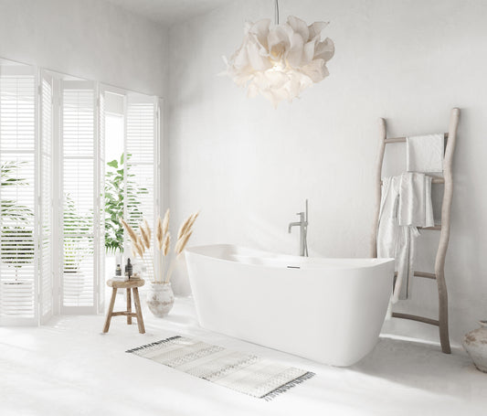 59 inch Soaking Bathtub in Glossy White with Brushed Nickel Trim