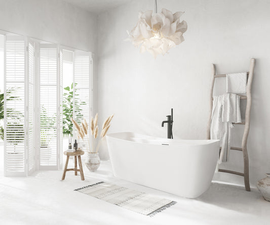 59 inch Soaking Bathtub in Glossy White with Matte Black Trim