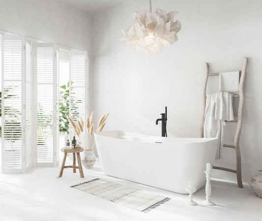 67 inch Soaking Bathtub in Glossy White with Matte Black Trim